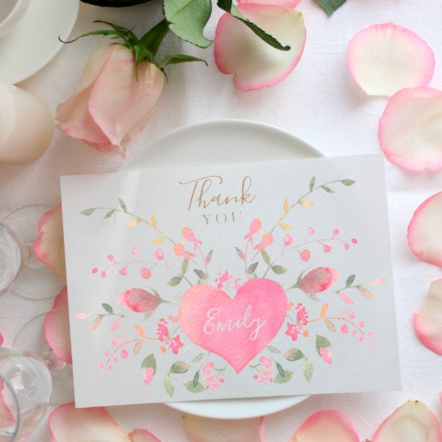 Carte De Remerciements Fête de mariage avec cœur rose et fleurs (Créateur téléchargé)