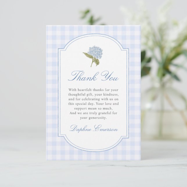 Carte De Remerciements Fête de mariage avec des hortensias bleus (Debout devant)