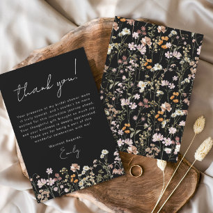 Carte De Remerciements Fête de mariage bohème à fleurs noires sauvages