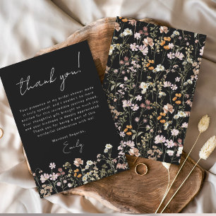 Carte De Remerciements Fête de mariage bohème Black Wildflower