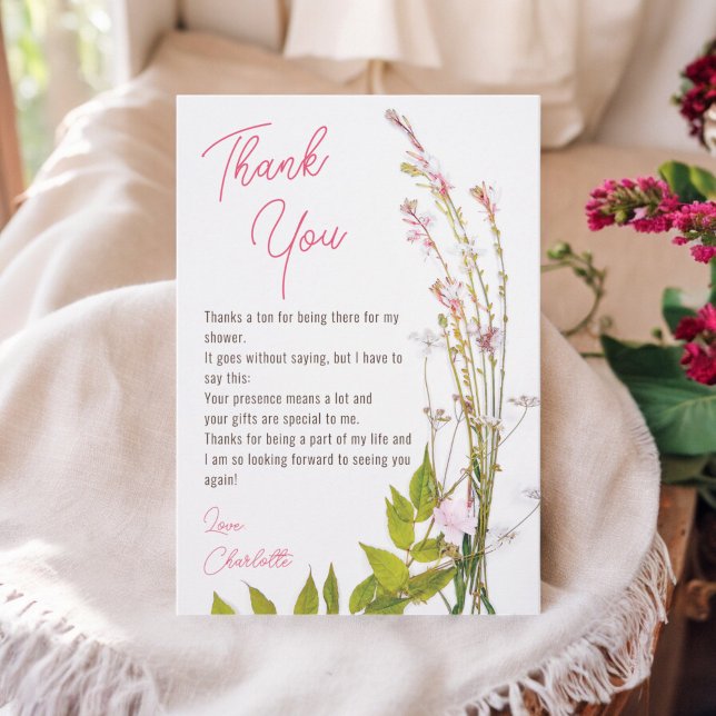 Carte De Remerciements Fête de mariage champêtre bohème moderne avec écri (Modern boho wildflowers script photo bridal shower thank you card)