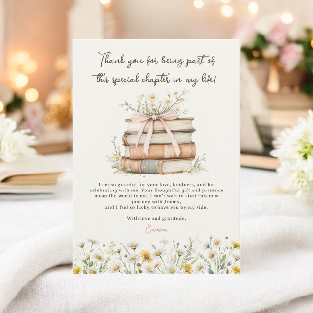 Carte De Remerciements Fête de Mariage Chapitre Livre Ancien Fleur des Ch (Vintage Storybook Wildflower Chapter Bridal Shower Thank You Card)