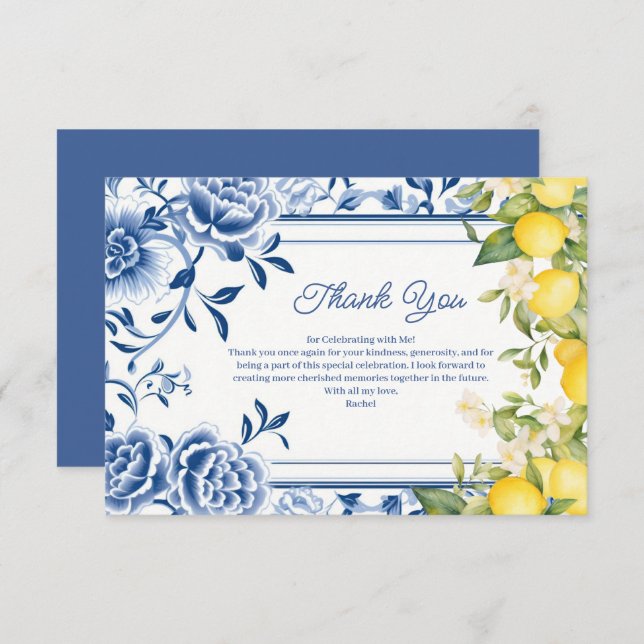 Carte De Remerciements Fête de mariage élégante avec des fleurs bleues et (Devant / Derrière)
