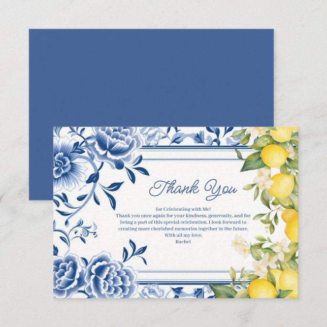 Carte De Remerciements Fête de mariage élégante bleue florale et citron j (Devant / Derrière)