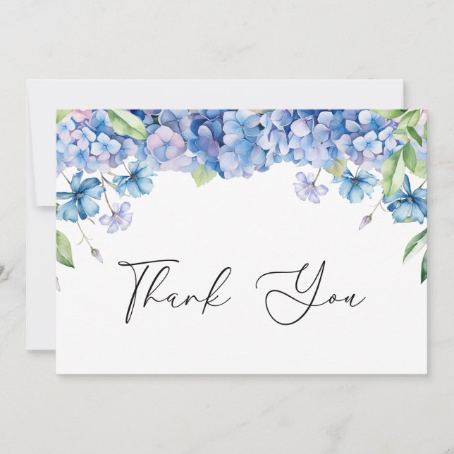 Carte De Remerciements Fête de Mariage Florale avec Hydrangeas Bleus Mode (Devant)