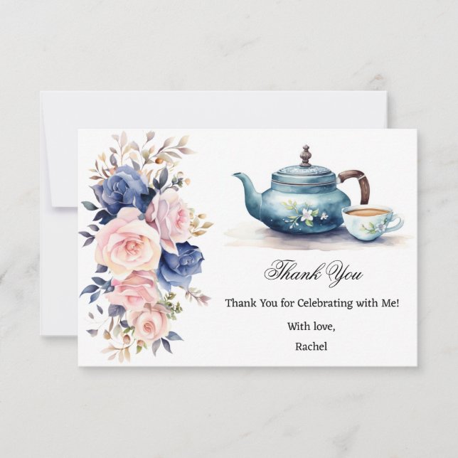 Carte De Remerciements Fête de mariage Florale Bleue et Rose pour un thé (Devant)