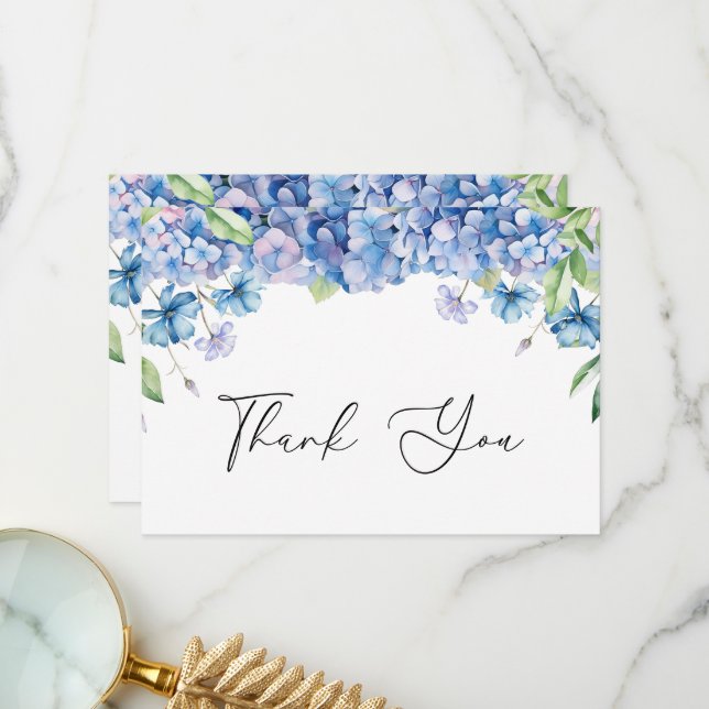 Carte De Remerciements Fête de mariage Florale Hydrangea Bleu Moderne (Devant/Arrière en situation)