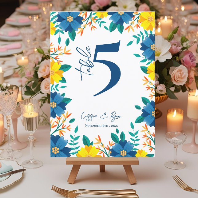 Carte De Remerciements Fête de Mariage Florale Jaune Et Bleue Numéro De T (Yellow And Blue Floral Wedding Party Table Number)
