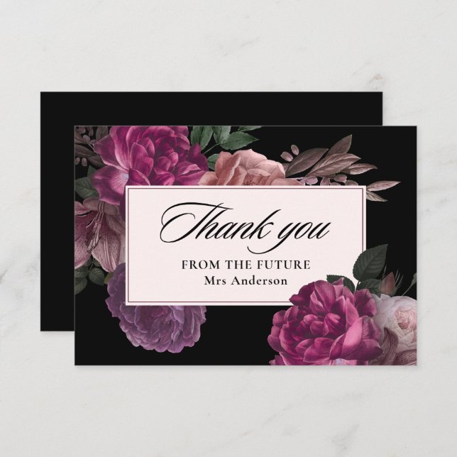Carte De Remerciements Fête de mariage noir floral aquarelle sombre et d' (Devant / Derrière)