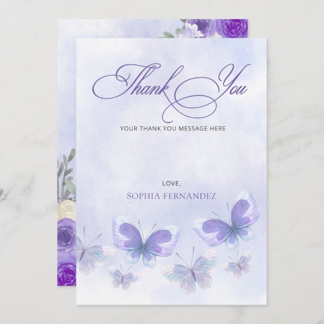 Carte De Remerciements Fête de mariage Papillons à vie Violet  (Devant / Derrière)