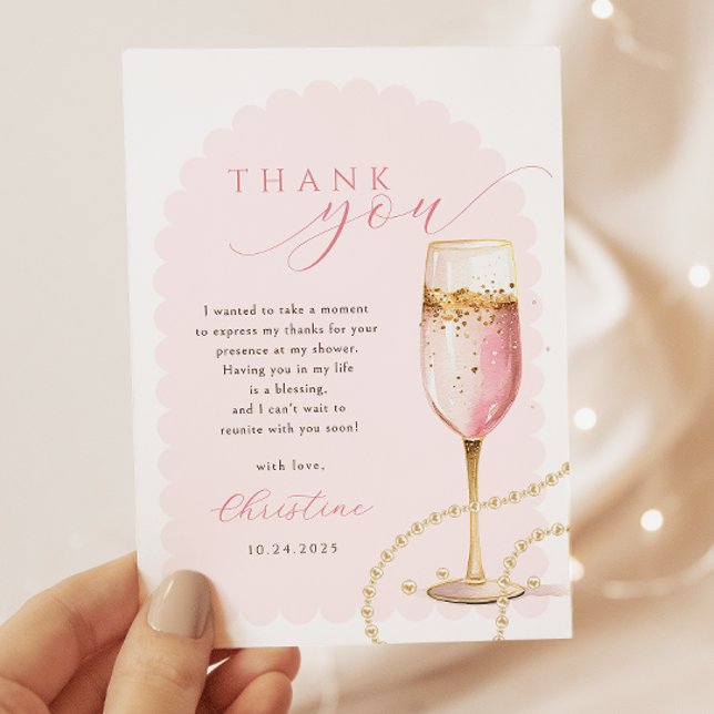 Carte De Remerciements Fête de Mariage Perles Roses Or et Prosecco (Créateur téléchargé)