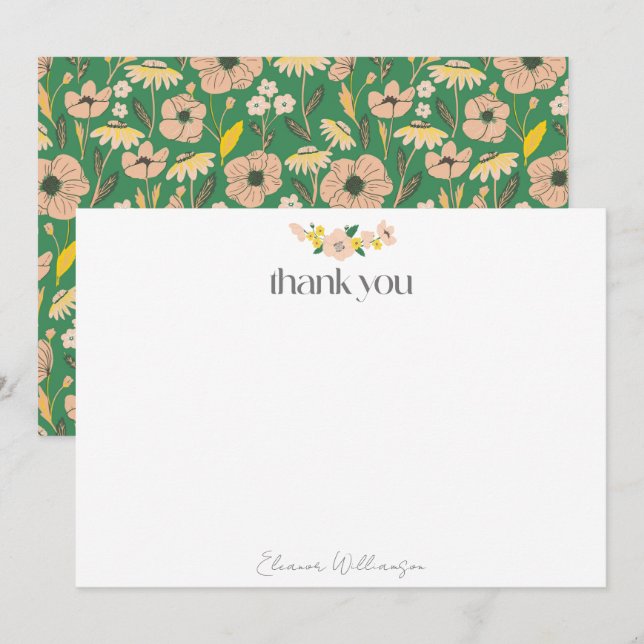 Carte De Remerciements Fête de Mariage Personnalisée Florale Rose Vert Vi (Devant / Derrière)