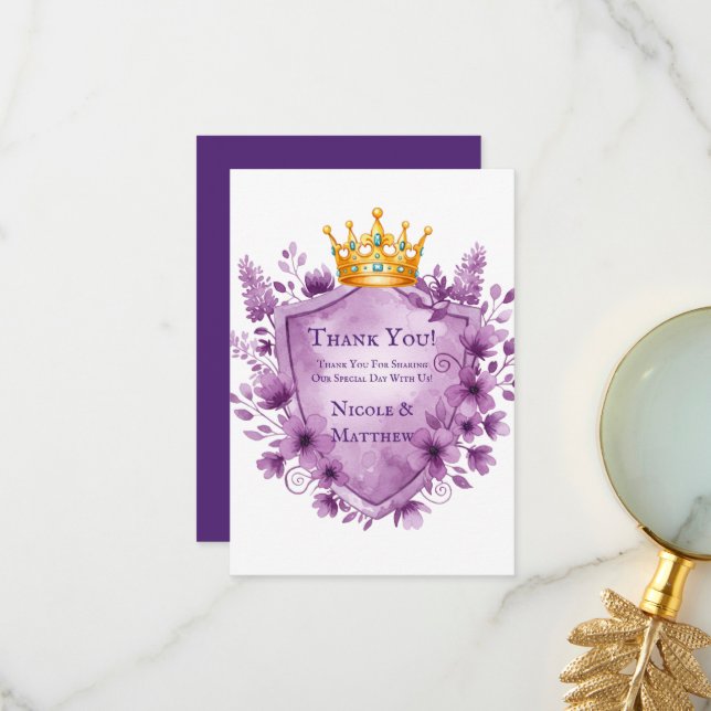 Carte De Remerciements Fête de mariage Royale Fleurie à crête violette (Devant/Arrière en situation)