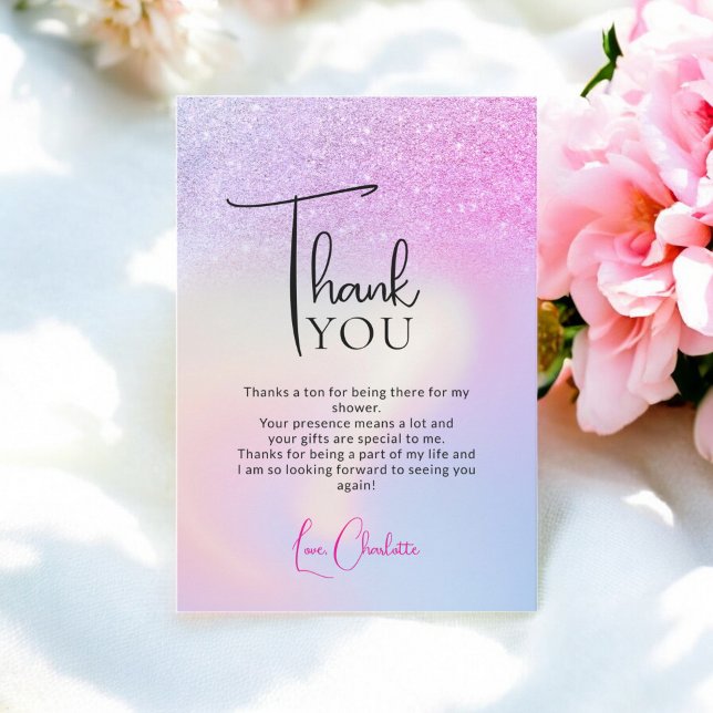 Carte De Remerciements Fête de mariage scintillante holographique rose vi (Pink Purple Glitter Holographic bridal shower Thank You Card)