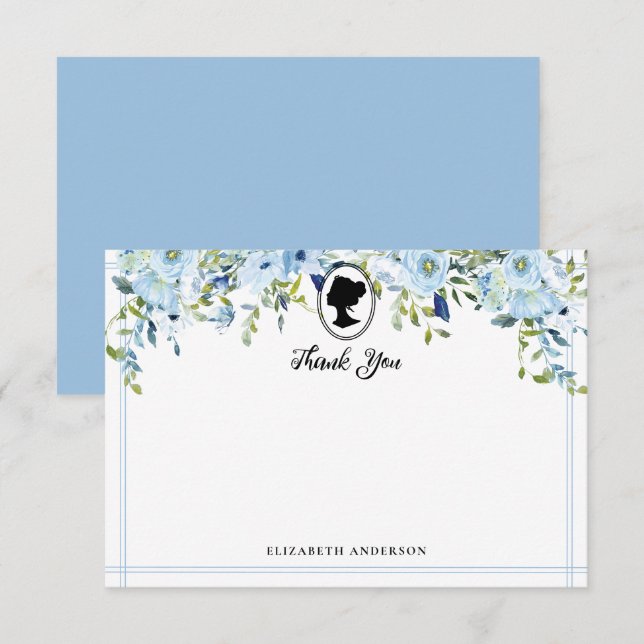 Carte De Remerciements Fête de mariage sur le thème des fleurs bleues vin (Devant / Derrière)