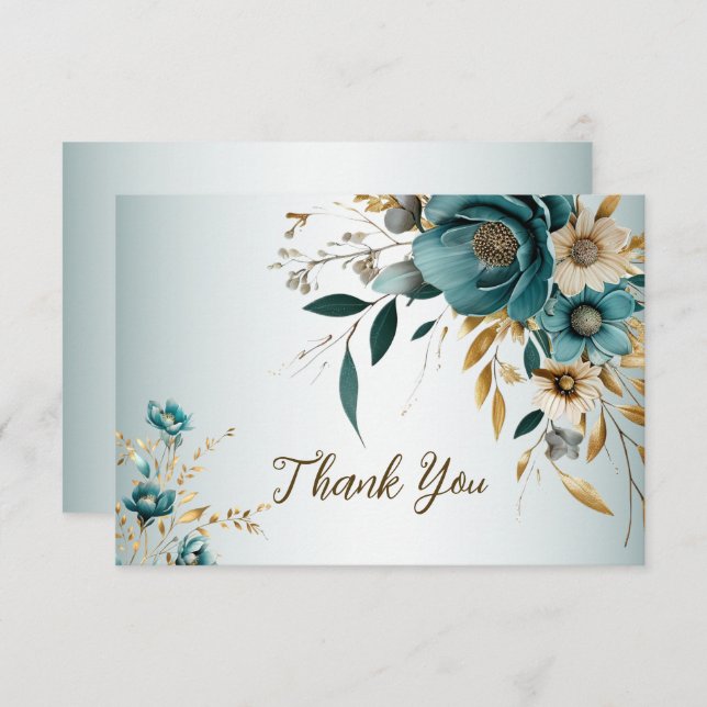 Carte De Remerciements Fête de mariage Turquoise Fleur blanche Feuilles d (Devant / Derrière)