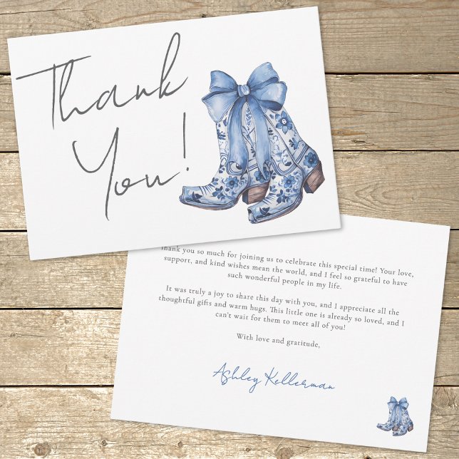 Carte De Remerciements Fête de Mariée Cowboy au Ruban Bleu de Campagne (Country Blue Bow Cowboy Bridal Shower Thank You Card)