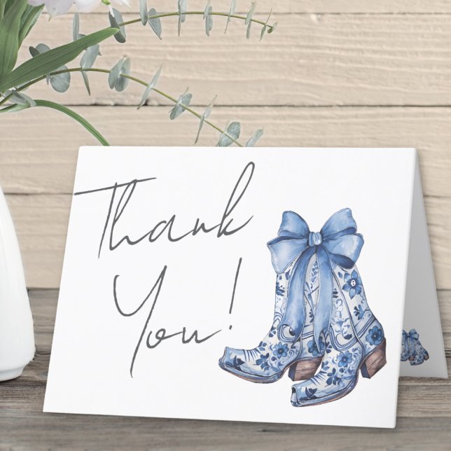 Carte De Remerciements Fête de Mariée Cowboy Ruban Bleu de Campagne (Country Blue Bow Cowboy Bridal Shower Thank You Card)