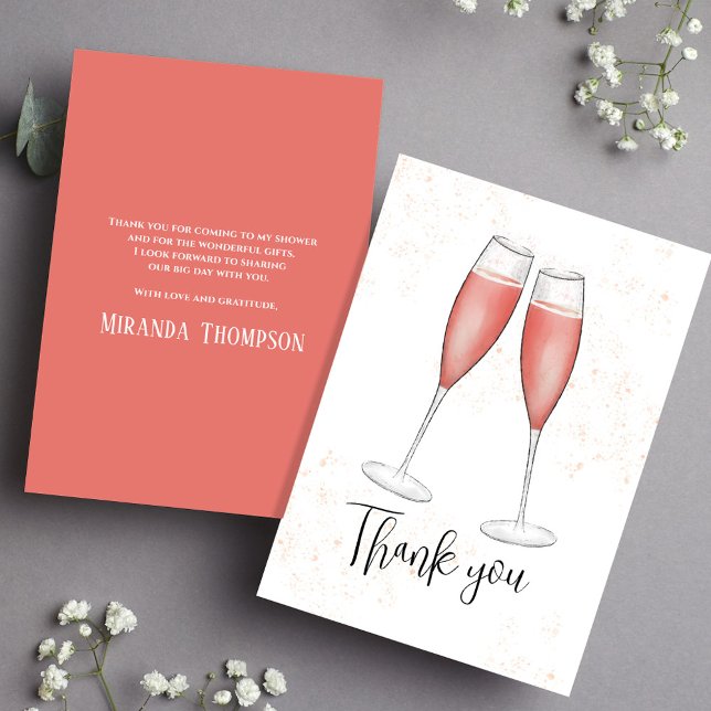 Carte De Remerciements Fête de Mariée Rougeoyant Rose Aquarelle Champagne (Thank you pink champagne card, with a custom message on the back. )