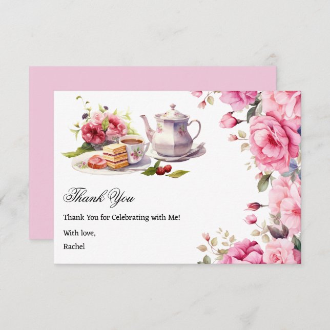 Carte De Remerciements Fête de Mariée Tea Party Fleurs Roses (Devant / Derrière)