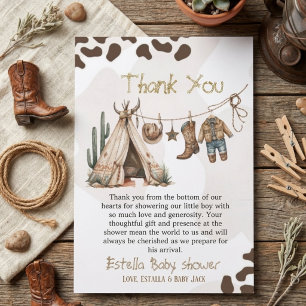 Carte De Remerciements Fête de naissance bébé cow-boy western rustique ho
