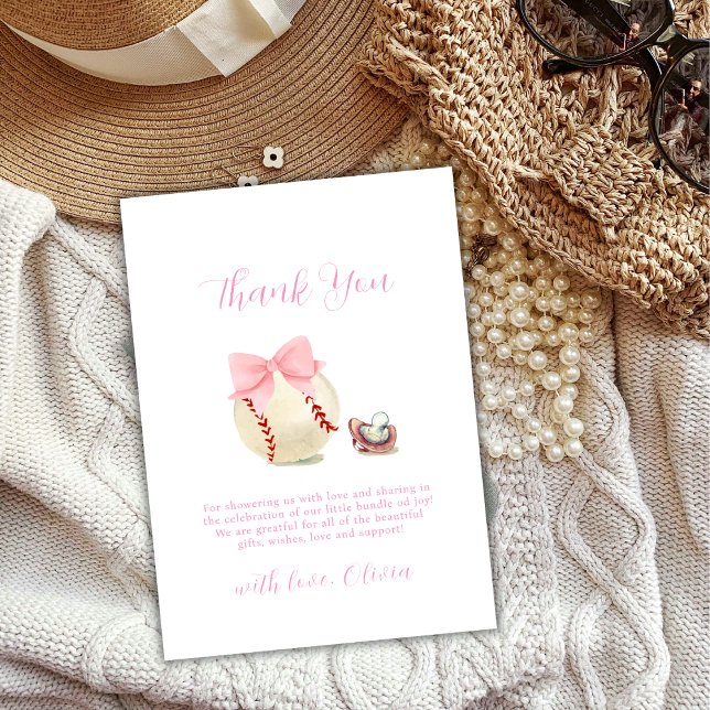 Carte De Remerciements Fête de naissance bébé sportive Baseball Arc Bow (Girly Bow Pacifier Baseball Sport Baby Shower Thank You Card)