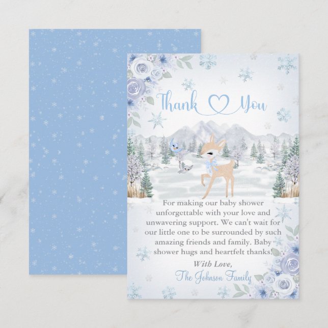 Carte De Remerciements Fête de naissance Biche bleue flocon de neige d'hi (Devant / Derrière)