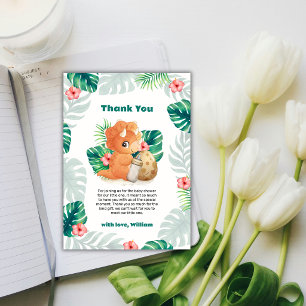 Carte De Remerciements Fête de naissance de bébé dinosaure à fleurs tropi