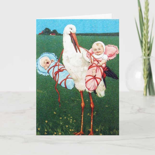 Carte De Remerciements Fête de naissance de jumeaux STORK, Rose ,Bleu sar (Devant)