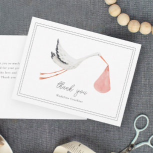 Carte De Remerciements Fête de naissance élégante de filles à la cigogne 