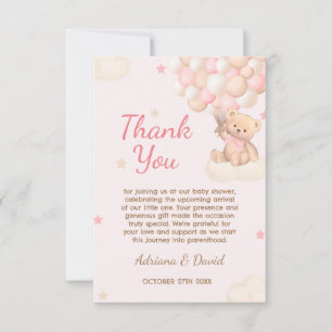 Carte De Remerciements Fête de naissance fille Ballons roses Ours