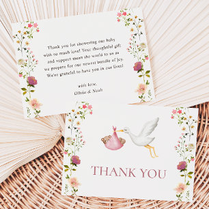 Carte De Remerciements Fête de naissance Fille Livraison de la cigogne Fl