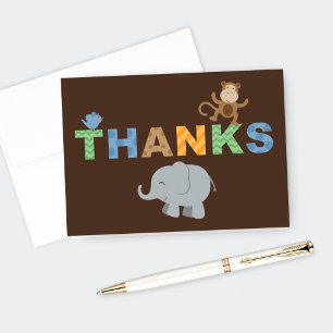 Carte De Remerciements Fête de naissance garçon animaux de jungle marron