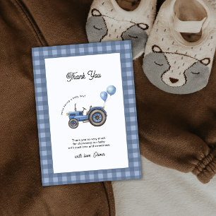 Carte De Remerciements Fête de naissance garçon ballon tracteur Gingham B