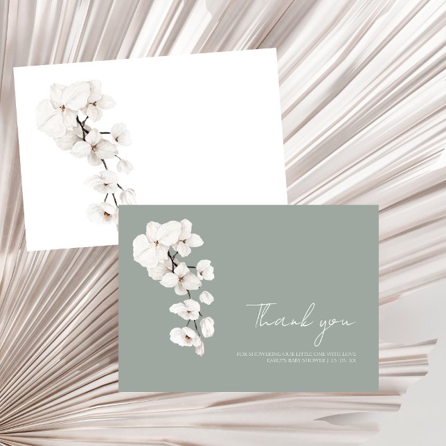 Carte De Remerciements Fête de Naissance Moderne aux Orchidées Blanches e (Baby in Bloom Sage Green White Orchids Baby Shower Thank You Card)