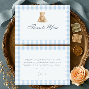 Carte De Remerciements Fête de naissance Ourson Bleu Gingham pour garçon