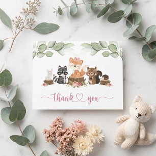 Carte De Remerciements Fête de naissance Rose Animaux de la Forêt