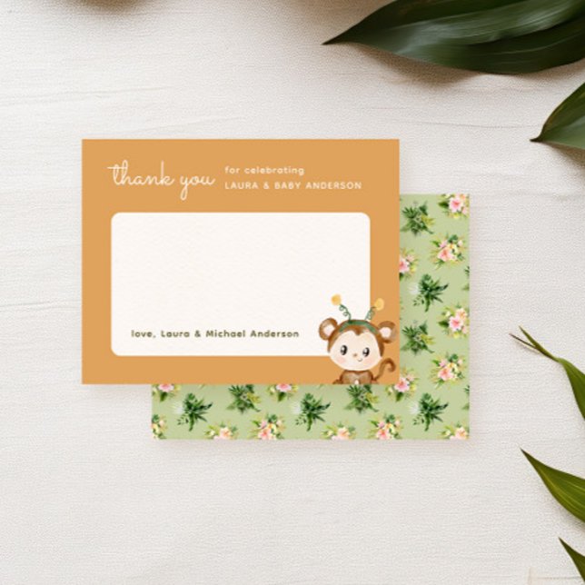 Carte De Remerciements Fête de naissance tropicale de singe (Thank you card for a safari baby shower party featuring a cute monkey and tropical botanicals)