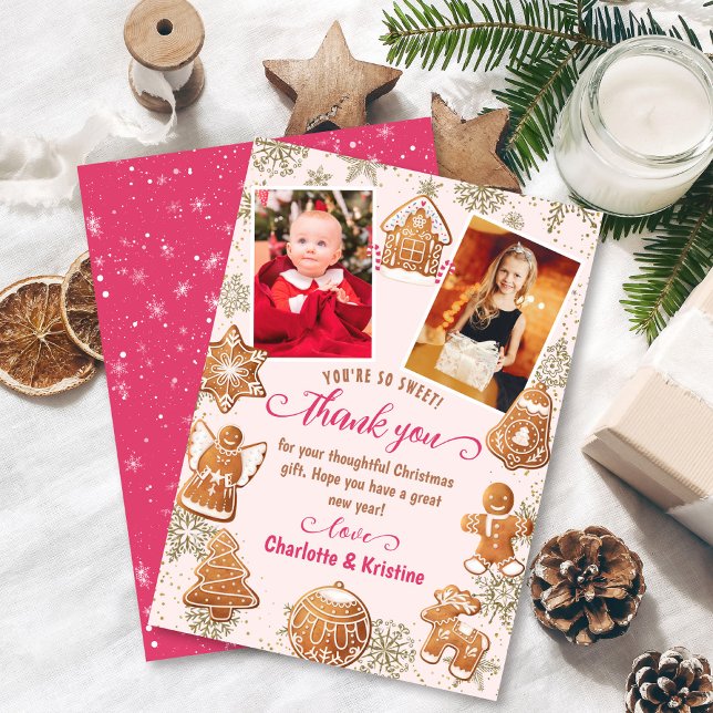 Carte De Remerciements Fête de Noël 2 Photo au Neige Biscuit Rose  (Créateur téléchargé)