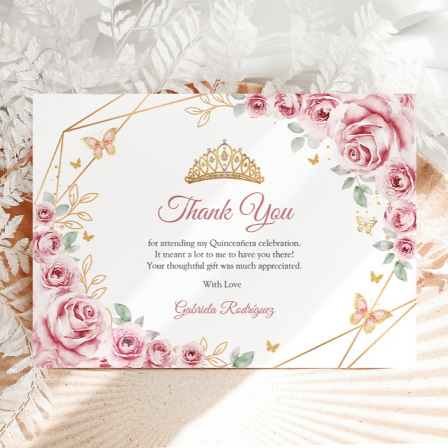 Carte De Remerciements Fête de Quinceañera florale or rose (Créateur téléchargé)