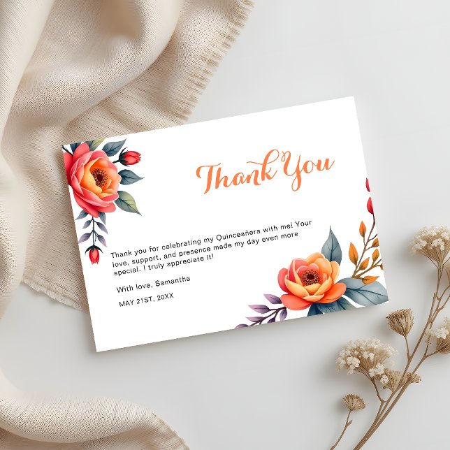 Carte De Remerciements Fête de Quinceañera Orange Fleur Aquarelle 15e Ann (Créateur téléchargé)