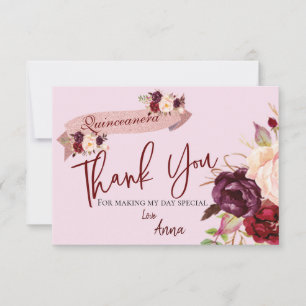 Carte De Remerciements Fête de Quinceañera Rose Poudré Pailleté Fleurs An