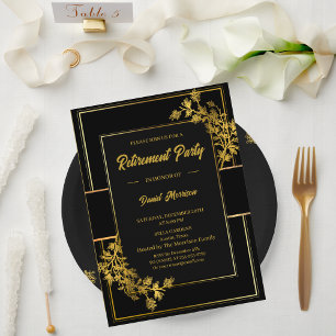 Carte De Remerciements Fête de retraite Moderne Élégant Floral Or Noir