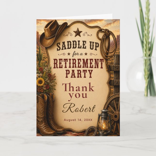 Carte De Remerciements Fête de retraite western (Devant)