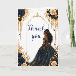 Carte De Remerciements Fête de Sweet Sixteen aux fleurs navales et dorées