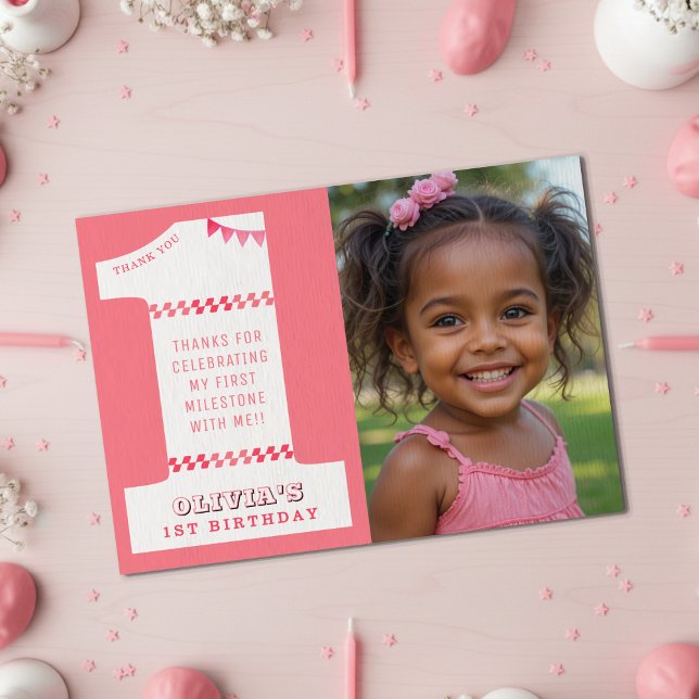 Carte De Remerciements Fête des 1 an Fille Rose Une Photo (1st Birthday Party Girls Pink One Photo Thank You Card
)