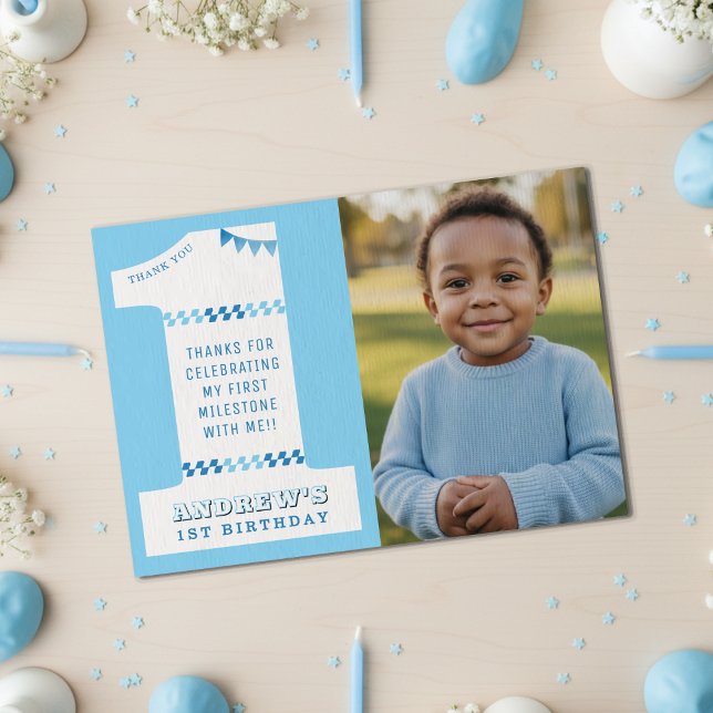 Carte De Remerciements Fête des 1 an Garçons Bleu Une Photo (1st Birthday Party Boys Blue One Photo Thank You Card
)