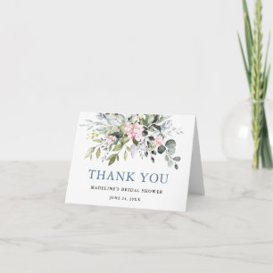 Carte De Remerciements Fête des mariées Aquarelle Verdure rose Dusty bleu