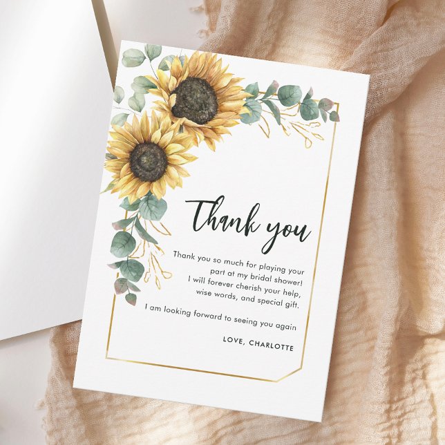Carte De Remerciements Fête des mariées de script de tournesol floral ver (Floral Greenery Sunflower Script Bridal Shower Thank You Card)
