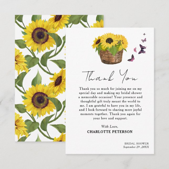 Carte De Remerciements Fête des mariées de tournesol jaune rustique (Devant / Derrière)